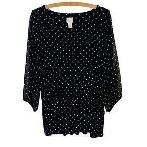 Chico’s Black & White Asymmetrical Ruffled Polka Dot Tunic Top Size 2 L/12